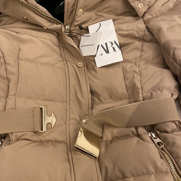 Zara water repellent faux hood puffer with belt SZ small nwt TAUPE/beige - Picture 8 of 9